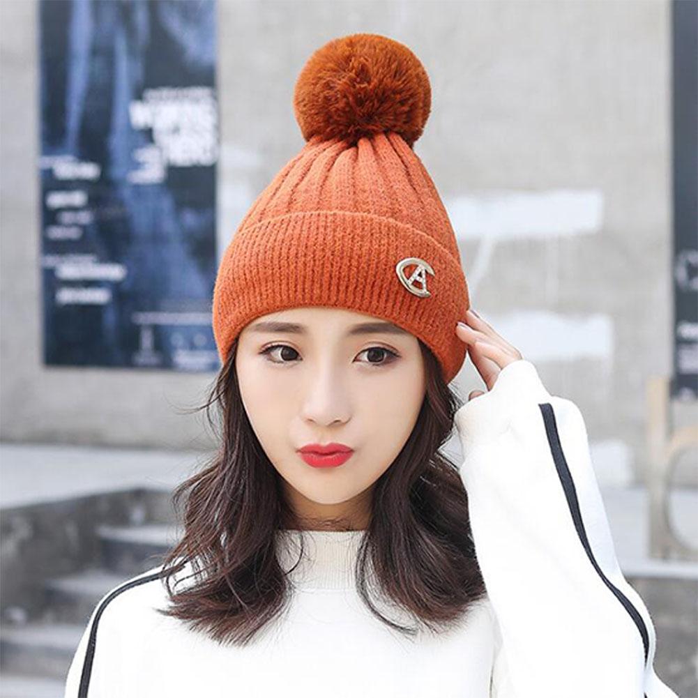Winter Lady Fashion Thicken Beanie Knitting Wool Ball Solid Color Warm Hat Bonnet