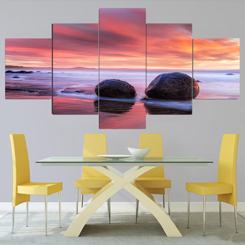 5 панелей Морской пейзаж Морской большой круглый камень Красочное небо Холст Картина Плакаты и принты Настенная картина Домашний декор без рамки