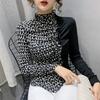 Half High Collar Irregular Spring New Women's Spliced Color Blocked Pleated Fungus Lace Slim Long Sleeved T-shirt Tops