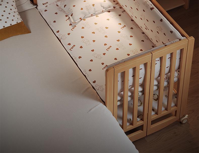 Movable Solid Wood Foldable Baby Crib, Unpainted, Multifunctional Newborn Bed