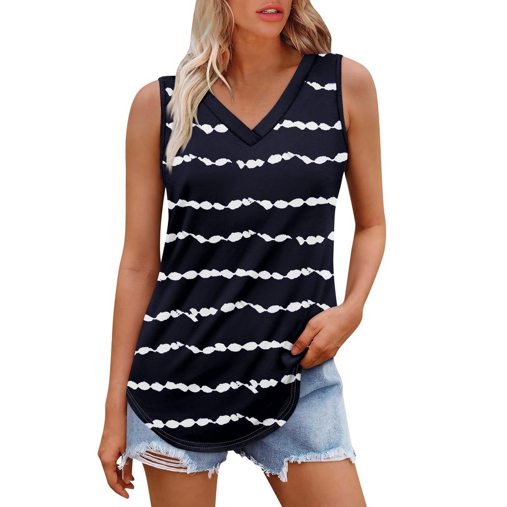 Женская майка с V-образным вырезом и принтом, повседневная майка, свободный крой, топы без рукавов, струящиеся