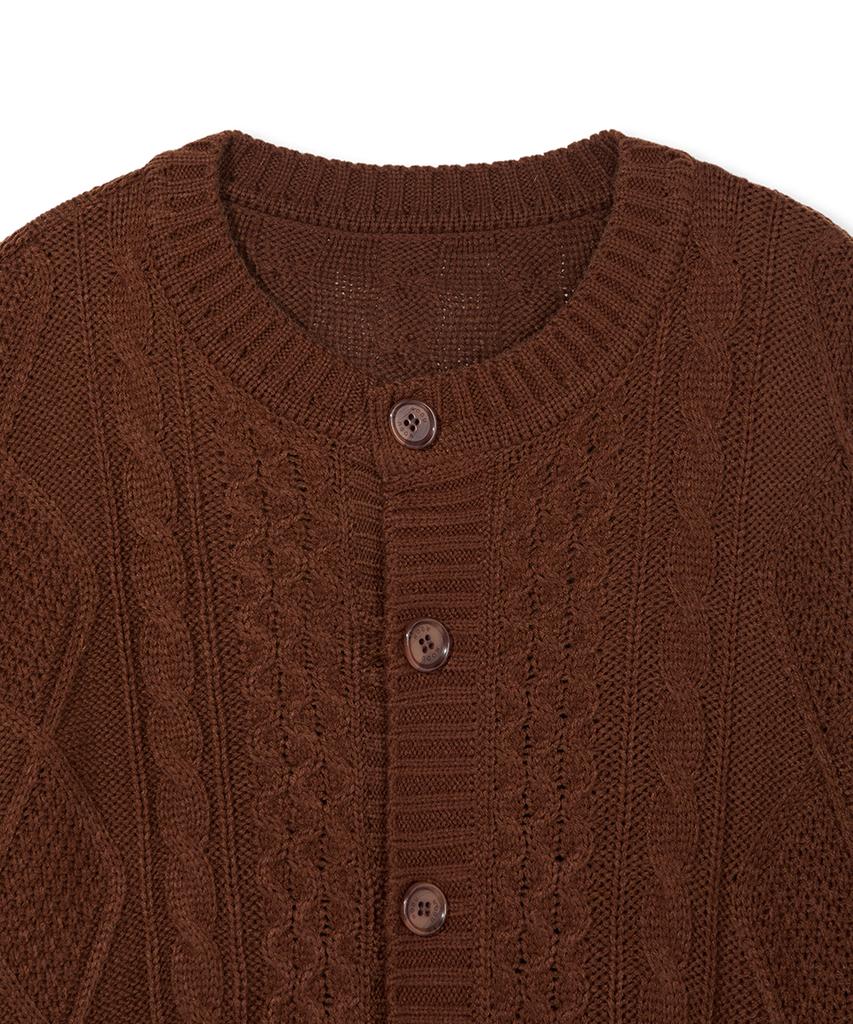 Кардиган Nodu Fisherman Cable с круглым вырезом, полуприлегающего силуэта, с длинным рукавом, вязаный, косами [Коричневый]