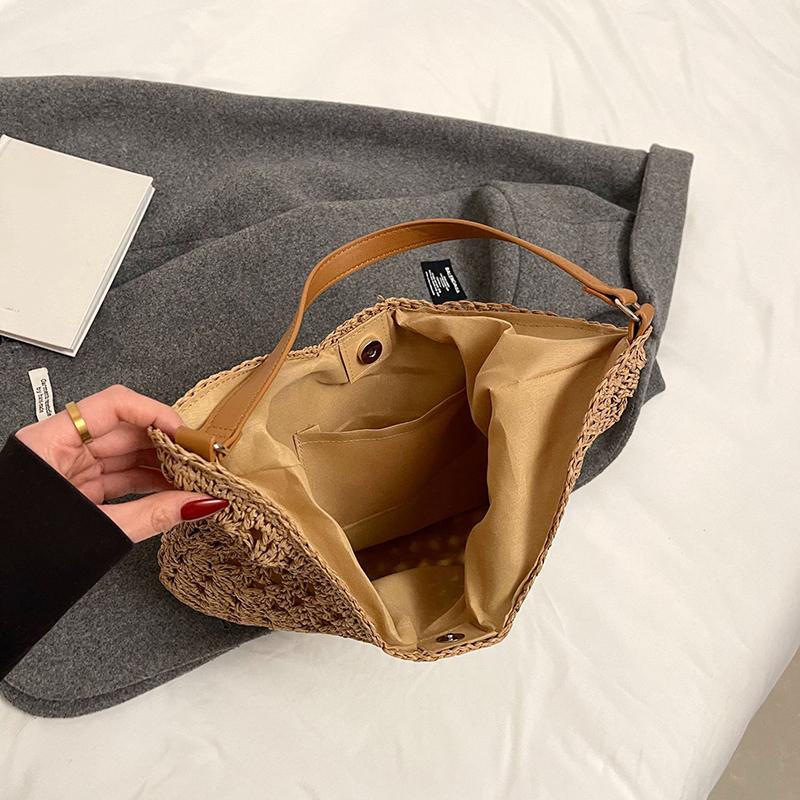 Yogodlns Летняя соломенная вязаная сумка, ажурная сумка-тоут, однотонная пляжная сумка через плечо, праздничная дорожная сумка, сумка через плечо в стиле бохо для женщин