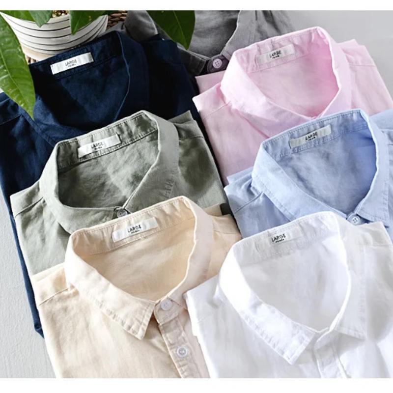 Классическая летняя рубашка, повседневная повседневная рубашка с коротким рукавом, квадратный воротник, однотонные хлопковые льняные рубашки на пуговицах, простые универсальные дышащие мужские топы