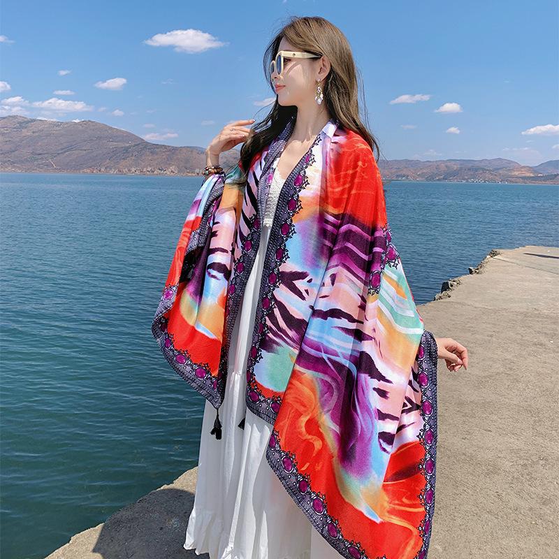 Summer cotton and linen feel scarf travel silk scarf sun protection air conditioner large shawl women's beach towel ethnic style scarf