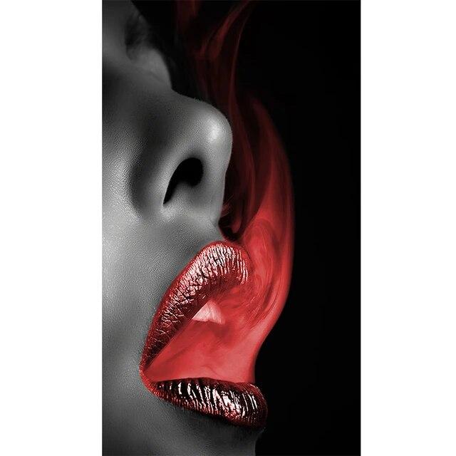 Современное искусство Интерьерная живопись Женщина Сексуальные красные губы Коса Красный дым Холст Картина Плакат и принт для декора стен гостиной Без рамки