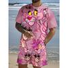 Men's New Summer Fashion Pink Leopard Print 3D Printed Casual Wear - Short Sleeved T-shirt with Shorts, Machine Washable, Street Style