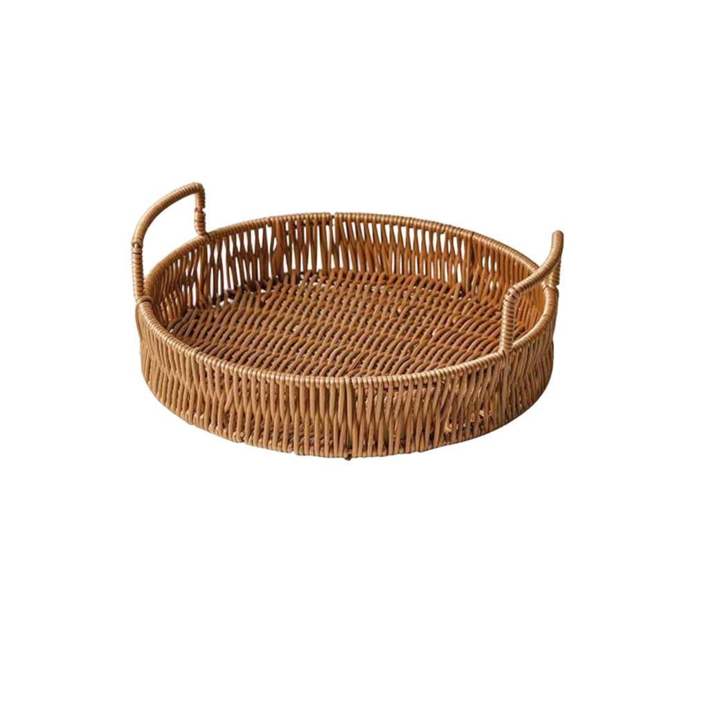 Многоразмерный поднос для хранения из ротанга, плетеный вручную, круглая плетеная корзина, сервировочный поднос с деревянной ручкой, тарелка для хлеба, фруктов, торта