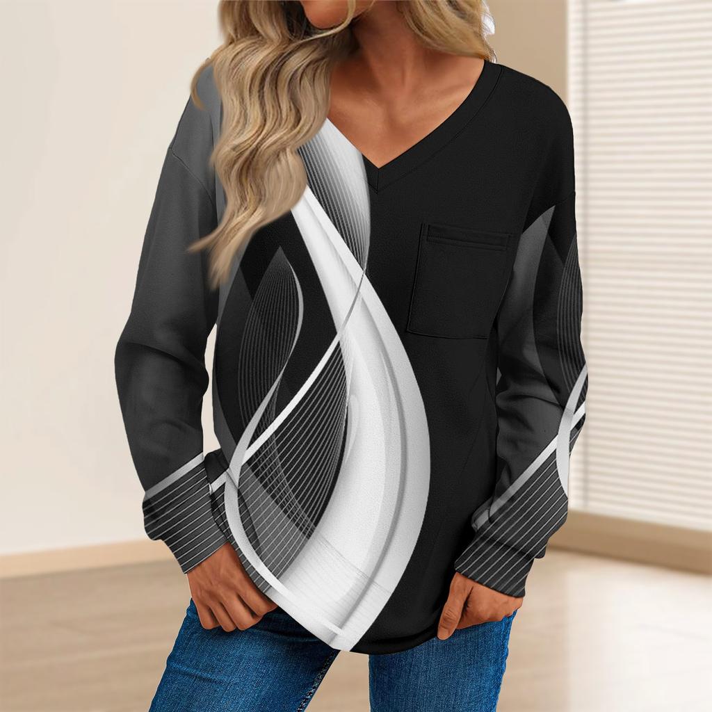 Женская мода повседневный свитер с длинным рукавом и принтом V-образным вырезом