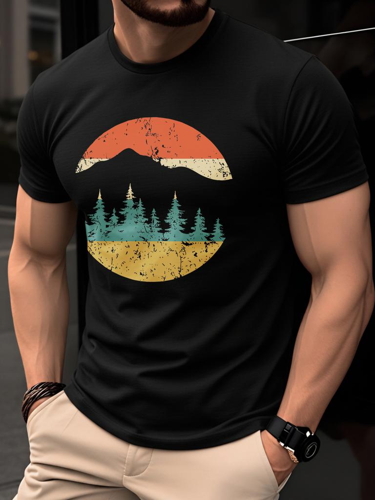 Trendy Summer Essential White Tee with Distressed Forest Sunset Art Made of 100 Cotton Lightweight and Breathable