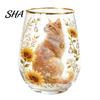 Retro Enamel Style Cup Hand Painted Glass Tumbler, Egg Shaped with Gold Rim, Clear Lead-Free Floral Bird Design Mug for Tea Coffee Wine Juice Cold Hot