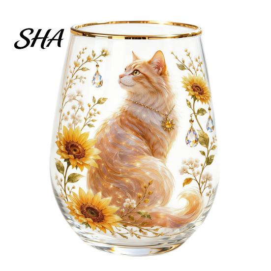Retro Enamel Style Cup Hand Painted Glass Tumbler, Egg Shaped with Gold Rim, Clear Lead-Free Floral Bird Design Mug for Tea Coffee Wine Juice Cold Hot