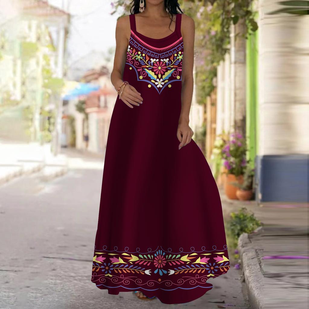 Женское платье-комбинация Длинное платье макси Синее платье с вышитым цветочным принтом Весна и лето Для отдыха и отпуска