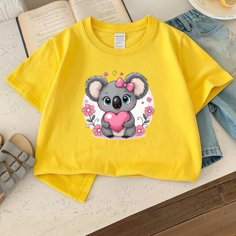 Kids Koala Holding Heart Pink Flower Print Crewneck Tee