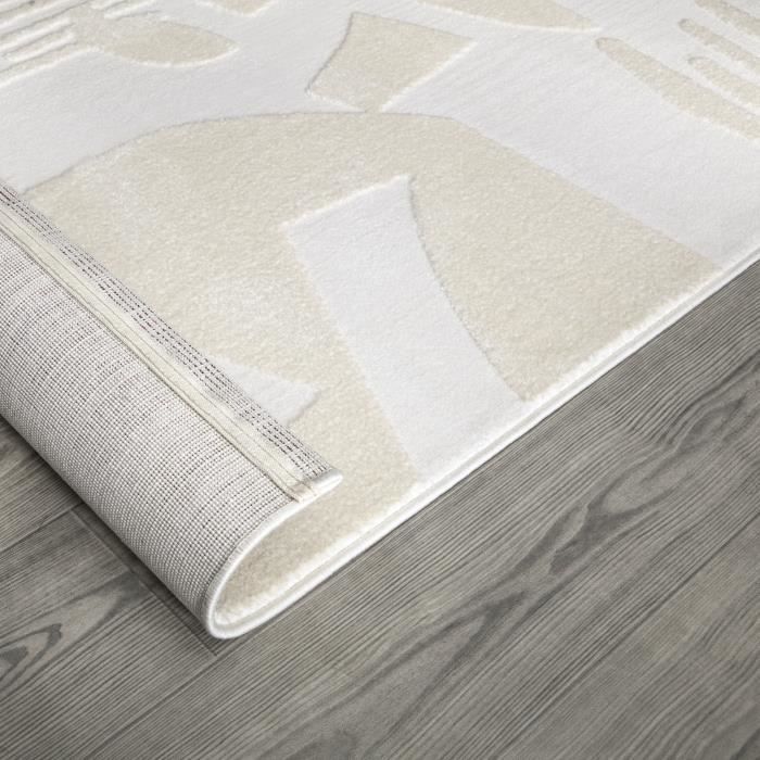 Paco Home Tapis Salon Chambre Adulte Poils Ras Uni 3D Motif Abstrait Geometrique Crème Crème 160x220 Cm