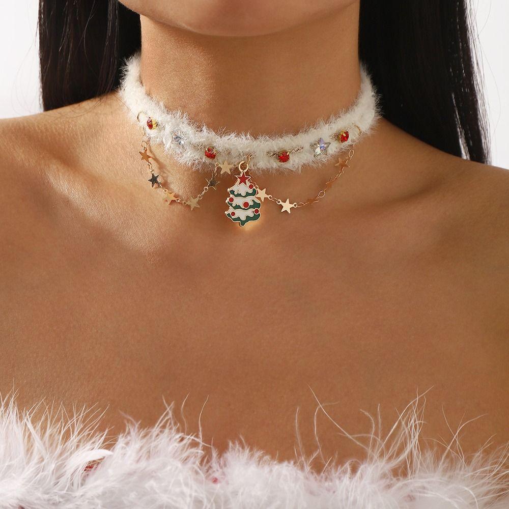 Christmas Tree Christmas Plush Choker Hairball Trendy Bow Pendant Necklace Sweet Vintage Xmas Clavicle Chain Christmas Gift
