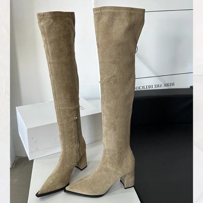 Модные Eilyken Модные Ботфорты с Острым Носком Женские Квадратные Каблуки Уличный Стиль Обувь Высокие до Бедра Молния Длинные Ботильоны