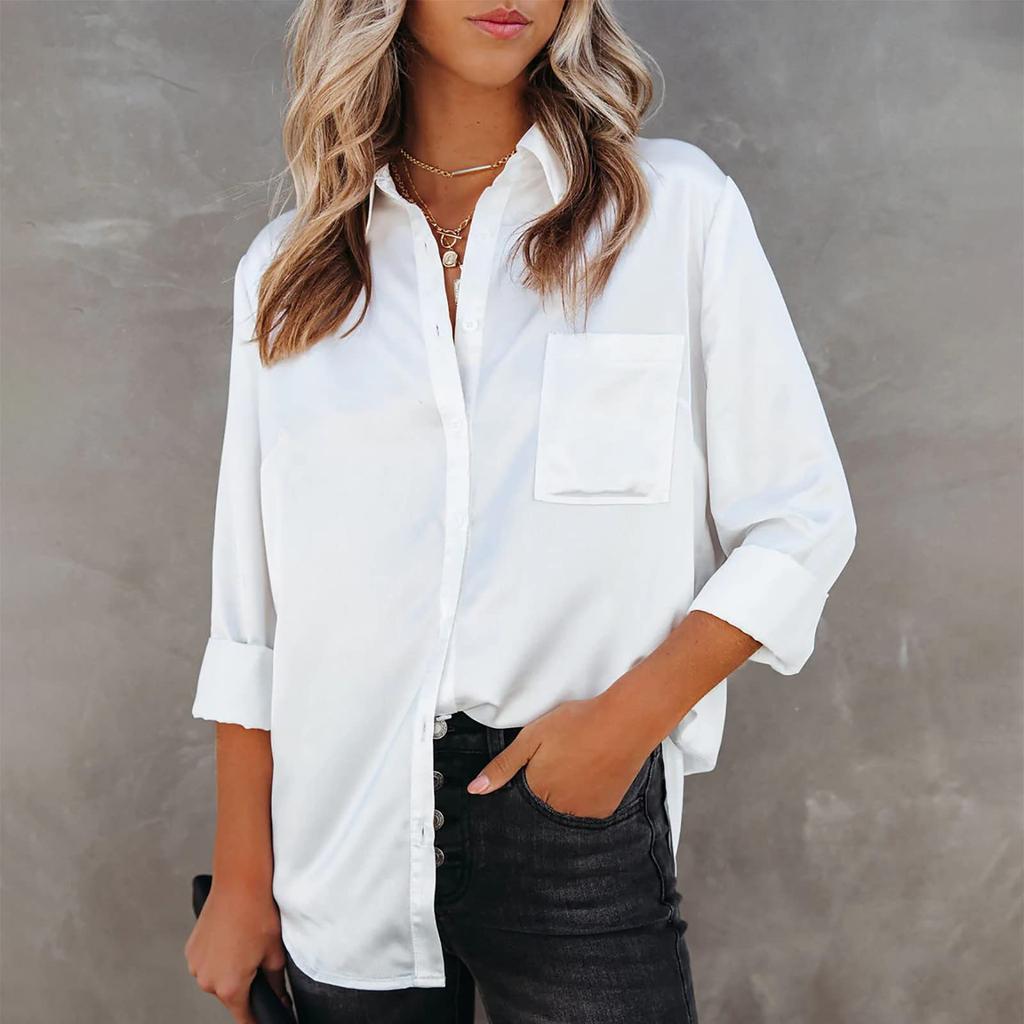 Women's Loose Fashion Shirts Solid Color Band Collar Long Sleeve Shirts Slim Tops
