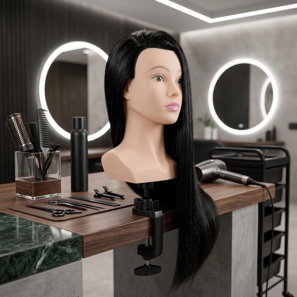 Training Head with Bust Alicja 80 Black, Thermal Hair + Handle, Hairdressing For Combing, Exercise Head
