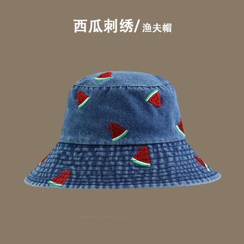 Шляпа женская новая джинсовая панама с вышивкой арбуза, с широкими полями, солнцезащитная, модная, универсальная, для маленького лица