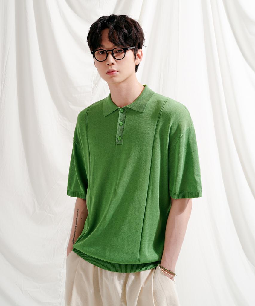 JEMUT Epic Like Linen Short Sleeve Collared Knit Green Sokn2562