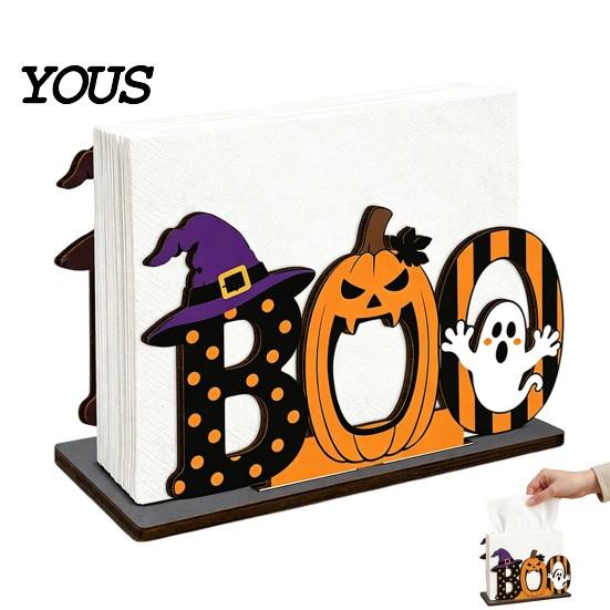 Cartoon Style Table Centerpiece Halloween Wooden BOO Napkin Holder, Ghost Pumpkin Witch Hat Paper Towel Desktop Holiday Decoration Wood for Home Party