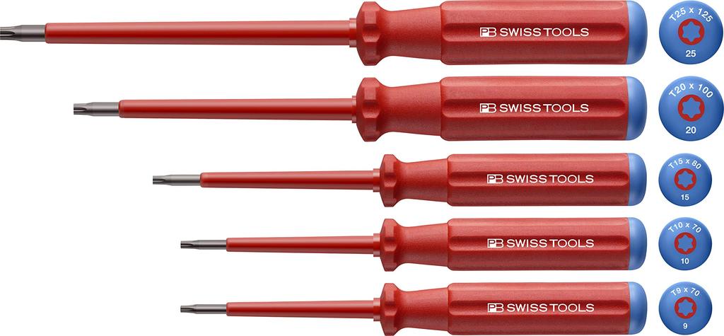 PB SWISS TOOLS Набор изолированных отверток с рукояткой SwissGrip Classic, тип Hex Lobe, 5 шт. T9, 10, 15, 20,