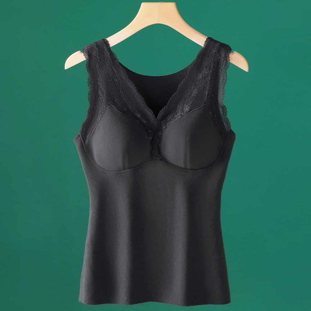Winter Women Thermal Vest with Chest Pads Seamless Lace Fast Temperature Lock V Neck Slim Fit Elastic Sleeveless Inner Wear Bott