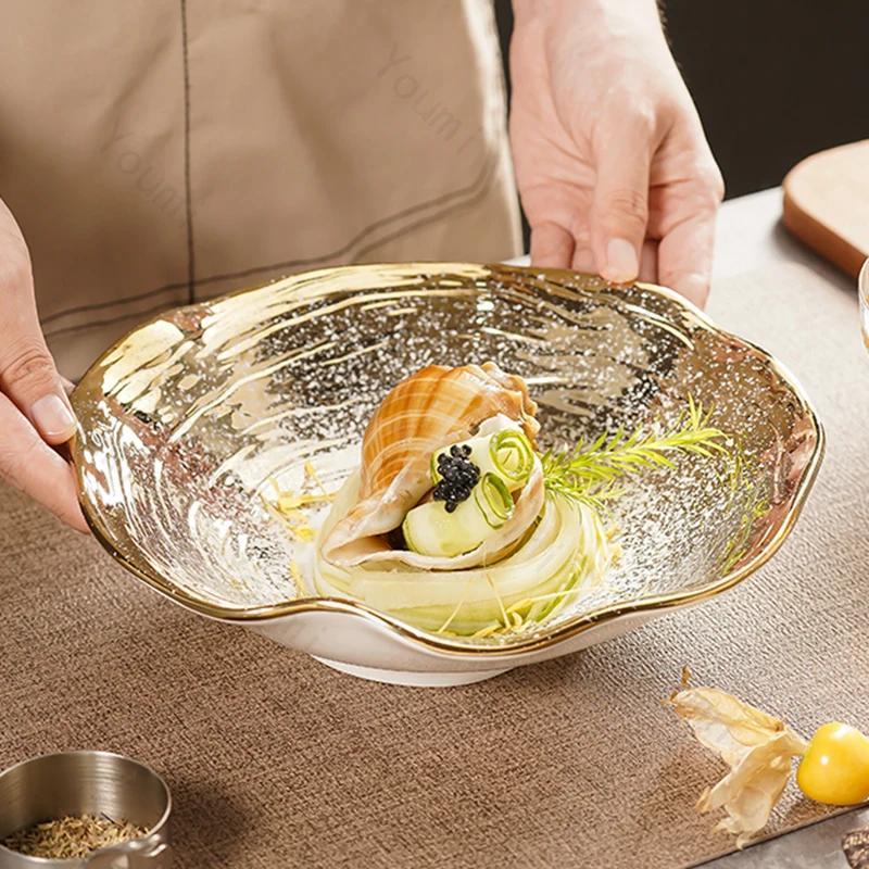 Творческие керамические миски в форме листьев лотоса, легкие, роскошные, ресторанные, салатницы, десертные, ретро, изысканные, фруктовые тарелки, бытовая посуда