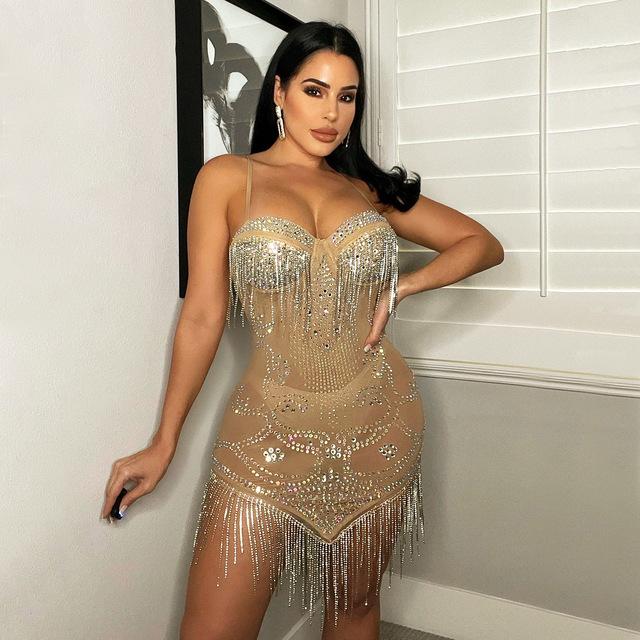 Women Summer Glam Sequins Night Mini Dress Birthday Outfits Sling Sexy See Through Mesh Black Rhinestone Tassel Party Short Dress
