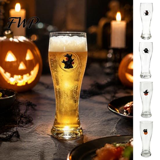 Unique Halloween Party Decor 400ML Beer Glass, Spooky Pumpkin Ghost Black Cat Novelty Holiday Gift for Friends Cup, Tall Glassware Bar, Kitchen Fruit