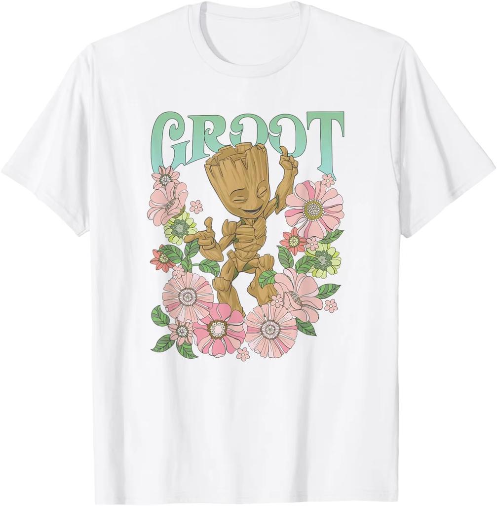 Marvel Guardians of the Galaxy Little Groot Flower Tshirt for both Unisex and Women Retro floral pattern casual top