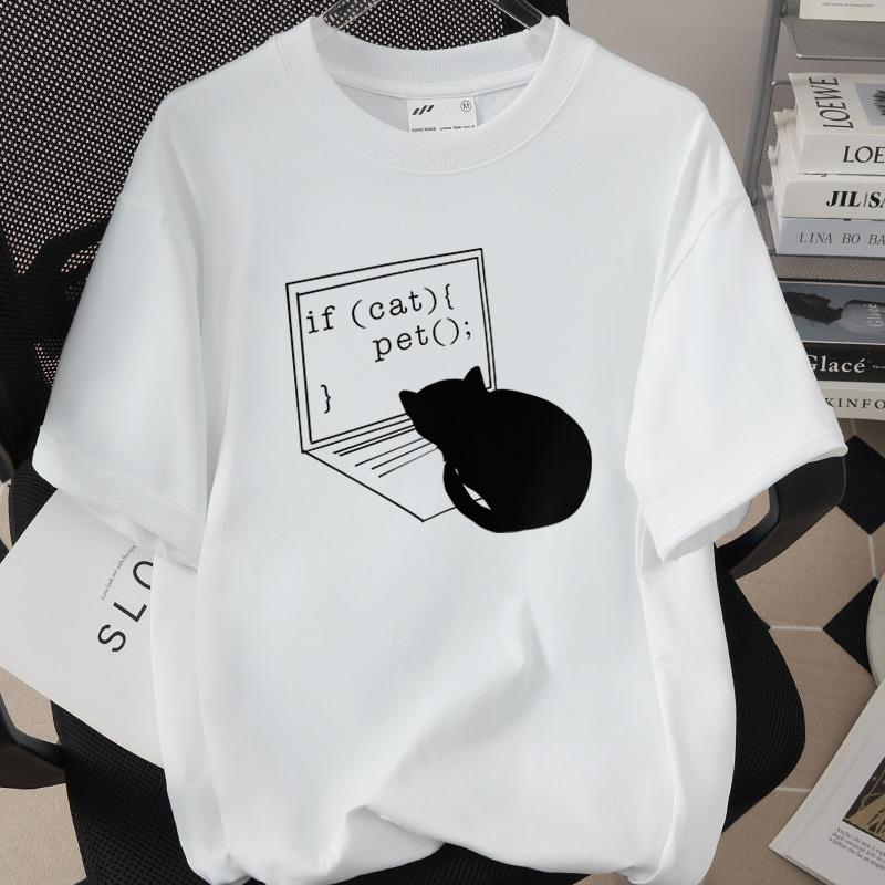 Tech Cat Short Sleeve Tshirt Black American English Cartoon Pattern Cat Casual Top Daily Versatile Commuter Home Clothes