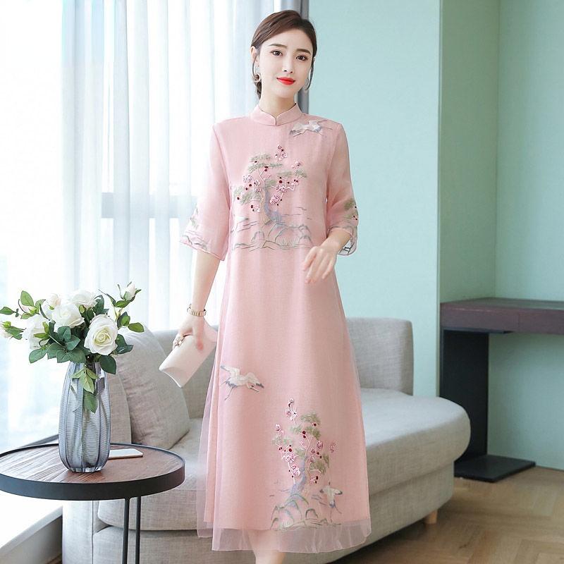 Женское улучшенное платье Cheongsam, элегантное длинное платье с вышивкой в ​​стиле ретро, ​​праздничное платье с цветочным принтом, китайская женская одежда высокого качества