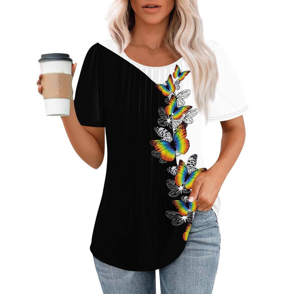 Женская модная повседневная плиссированная футболка с короткими рукавами и круглым вырезом с принтом