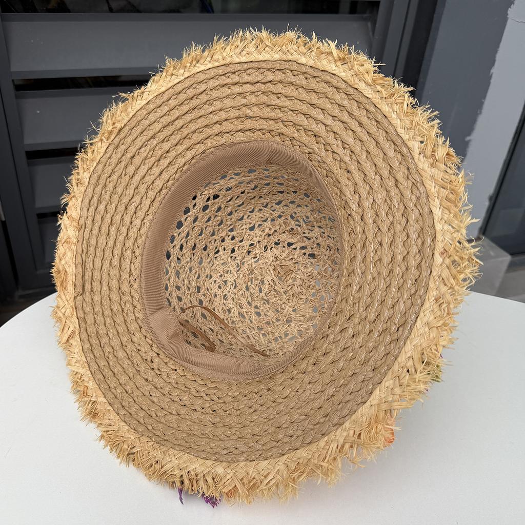 Flower Lafite Straw Hat Women's Summer Outdoor Travel Vacation Sunscreen Shade Big Eaves Hollow Flat Top Beach Hat