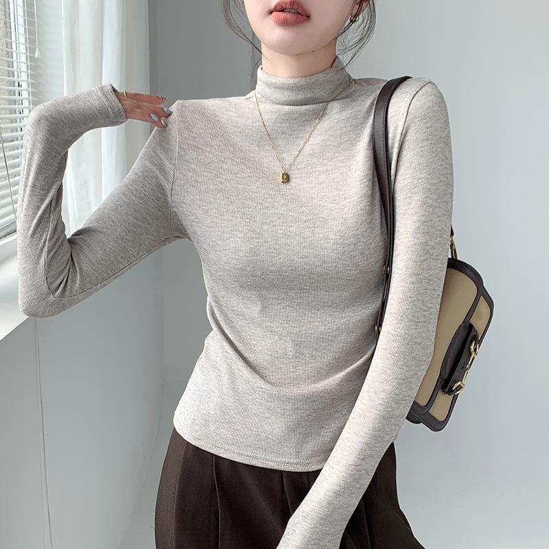 Футболка-основа с полувысоким воротом, женская осенне-зимняя теплая футболка с длинным рукавом, облегающий однотонный универсальный топ со средним воротом