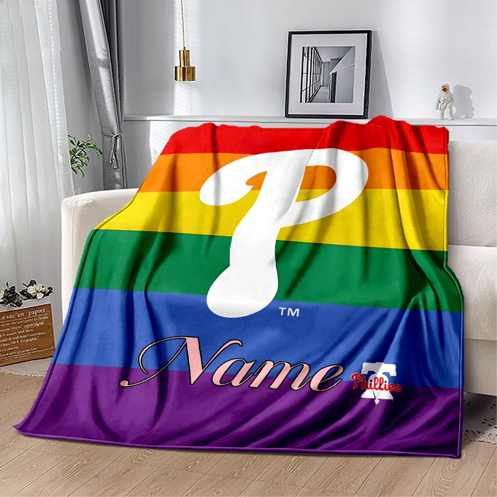 Rainbow Pride Baseball Customize Text Blanket Cozy Personalized Blanket Soft Warm Cozy Great for Livingroom Bed Picnics Living Room