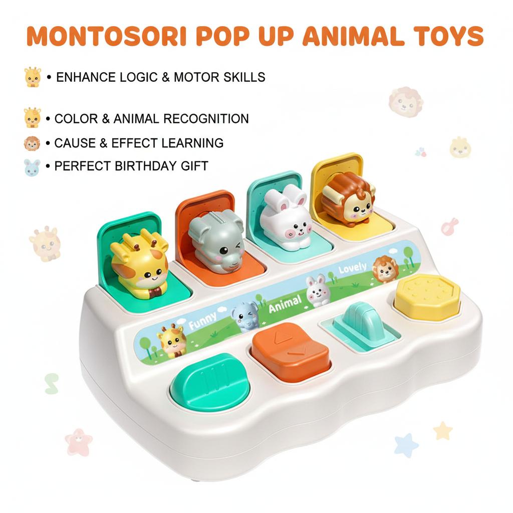 Children Montessori Pop up Animal Toys Peek-a-boo Switch Button Box Sensory Cognitive Educational Toys Finger Flexible Training