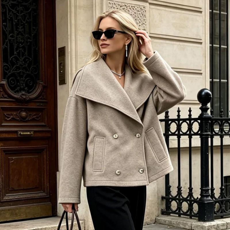 Womens Short Wool Blend Coat Double-Breasted Loose Fit Winter Outerwear Casual Elegant Office Wear