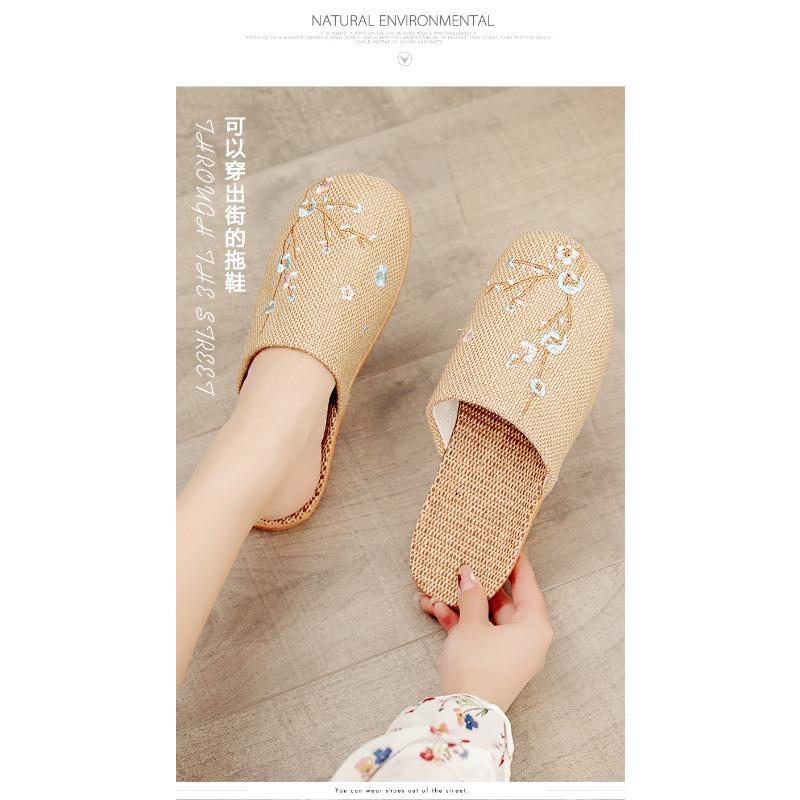 Женские льняные тапочки с вышитым верхом на лето