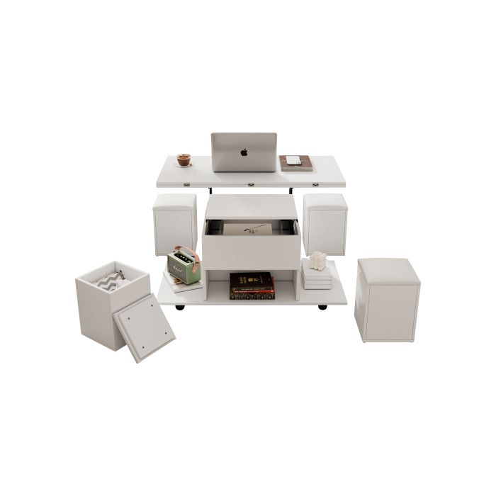 Table basse relevable multifonctionnelle - MUVOE - Bureau 2 tables - Blanc - Grande capacité - Design moderne