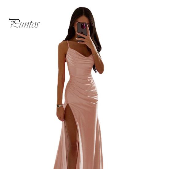 Женское вечернее платье с разрезом по бокам, плиссированное, с открытой спиной, облегающее платье макси на тонких бретельках, с глубоким вырезом, без рукавов, платье-комбинация А-силуэта для свадебного банкета