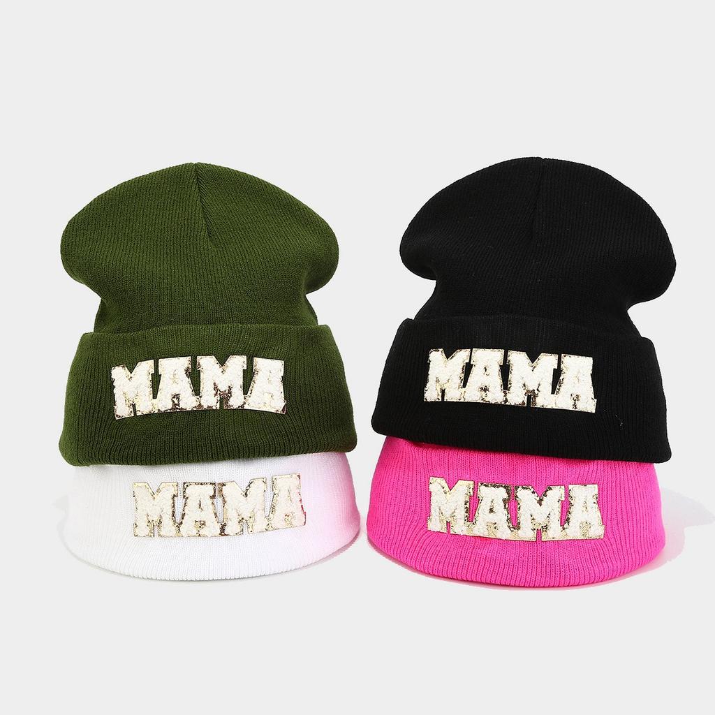 Autumn and winter fashion MAMA towel embroidered knitted hat women's solid color simple wool hat outdoor warm cover hat tide