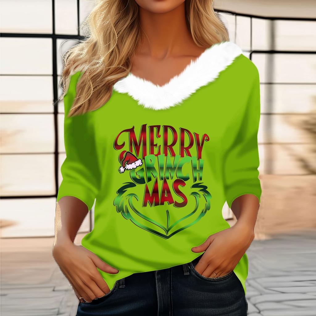 Women's T Shirt Tee Christmas Shirt Long Sleeve Party Christmas Fleece Collar V Neck  Top