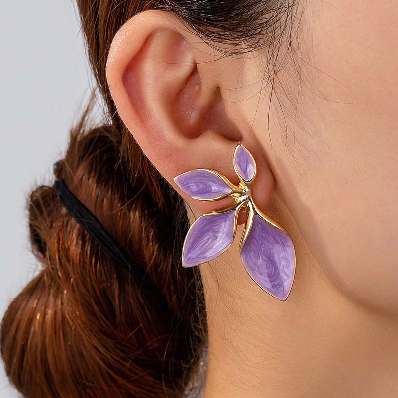 Stainless Steel Colorful Dripping Oil Flower Stud Earrings for Women Vintage Gold Color Petal Temperament Earrings Jewelry Gifts