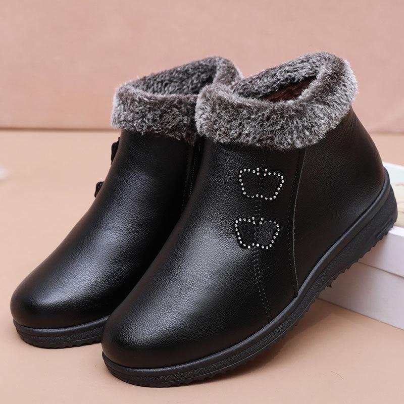 Middle-aged and Elderly Women's Short Cotton Boots Winter Warm Fleece Lined Zipper Ankle Boots Waterproof Non-slip Flat Mom Shoes