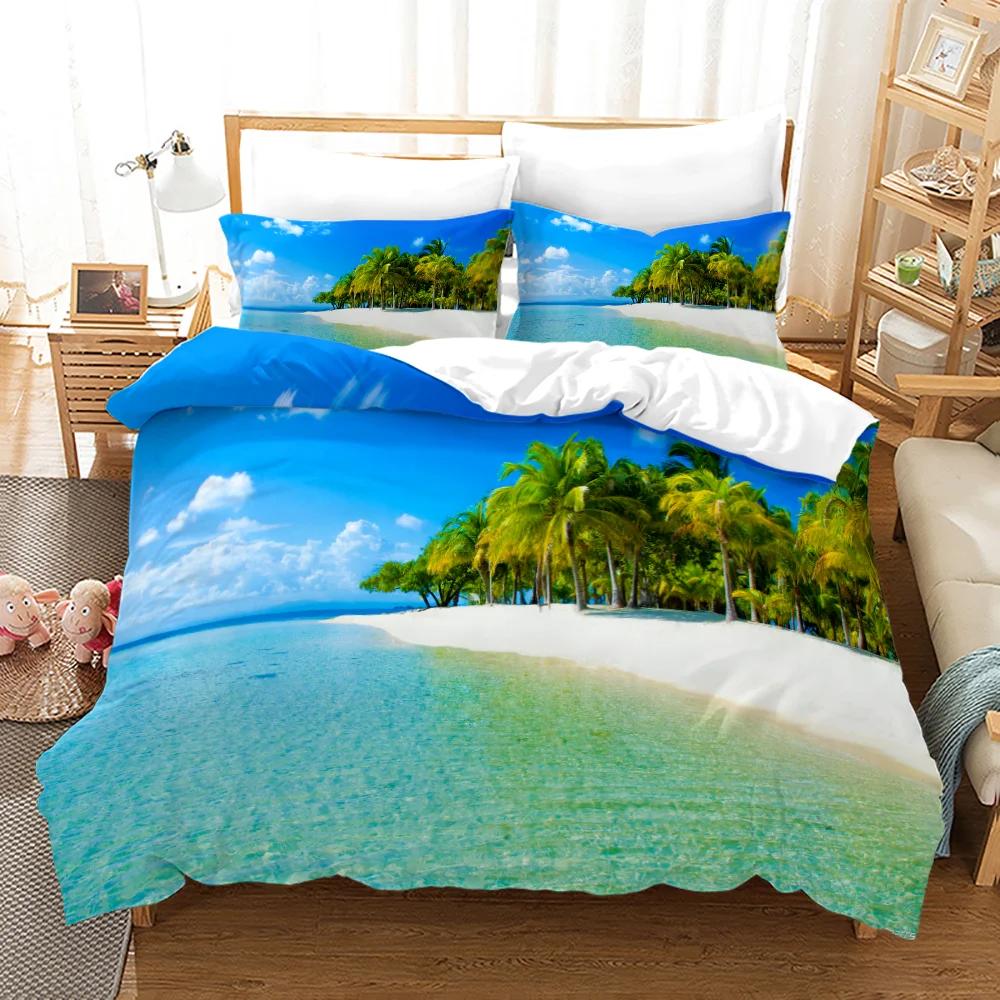 Beach Setting Sun Duvet Cover Set Tropical Island With The Palm Tree And Sea Beach Nature Theme Queen Size Quilt Cover