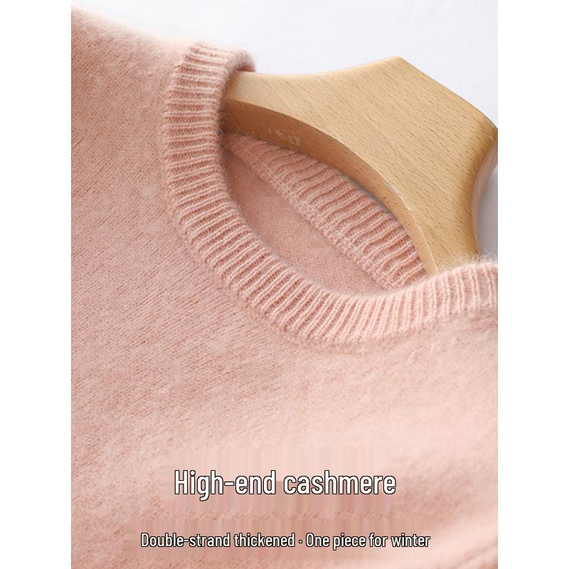 Women's Plus Size 100% Wool Thickened Round Neck Sweater - Winter Solid Color Pullover
