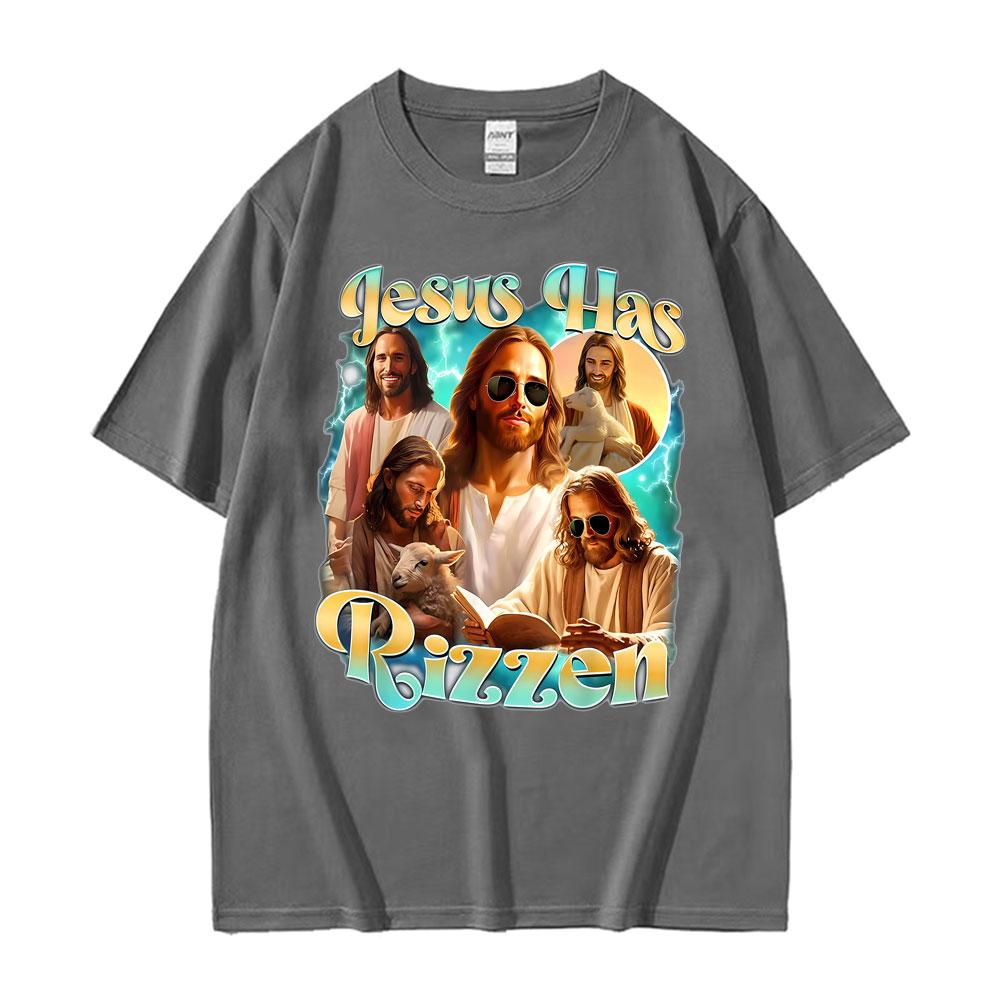 Jesus Has Rizzen He Ls Rizzin Funny Christian Religious Tee Shirt Men Women Summer Tshirt Vintage Oversized T Shirt Streetwear